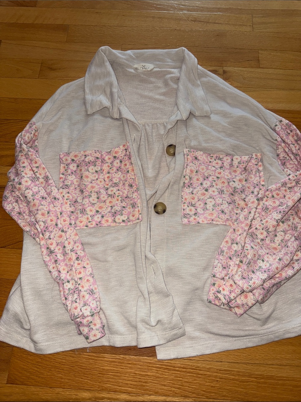 Light Gray Cardigan with Pink Floral Pockets and Sleeves